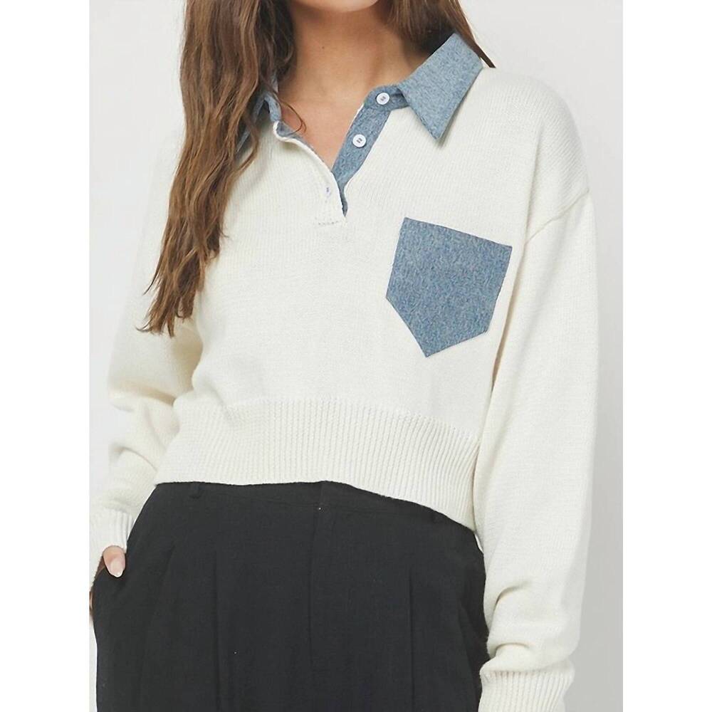 NEW NEEDII jaden polo cropped sweater in white/blue